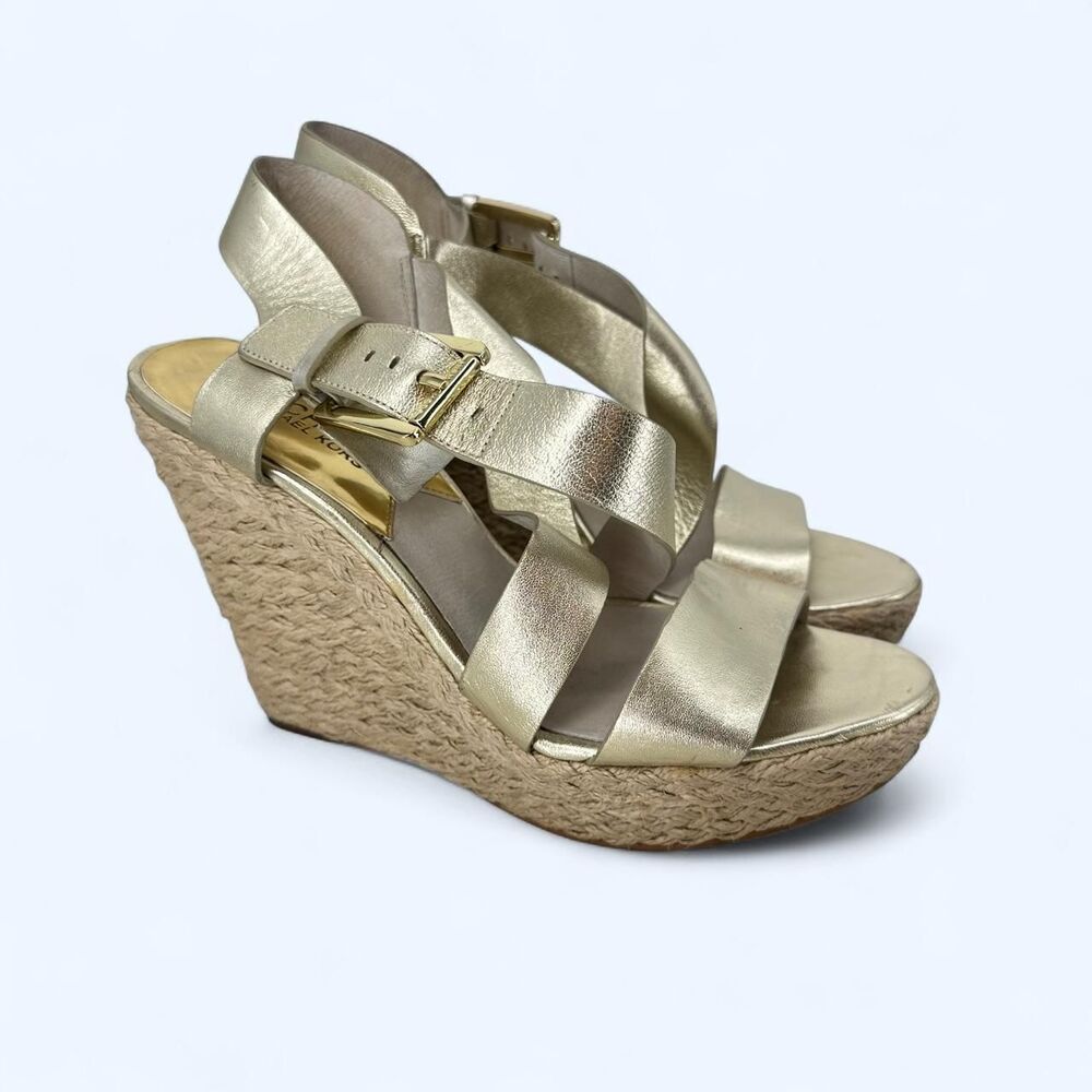 MICHAEL Michael Kors Giovanna Gold Leather Espadrille Wedge Sandals Size 7.5